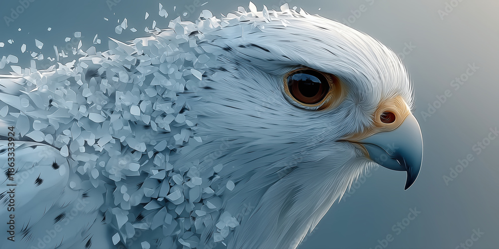 Fototapeta premium Abstract white bird made of geometric particles dissolving into digital fragments.