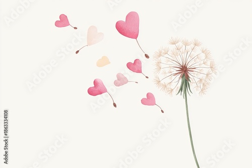 Delicate watercolor illustration of a dandelion with heart-shaped seeds floating away, symbolizing love and hope, perfect for romantic themes and creative projects