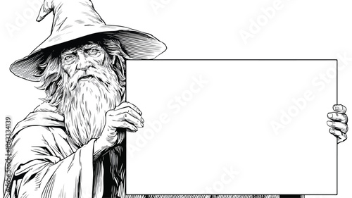 Mystical Old Wizard Holding Blank Sign for Advertising in Vector Outline