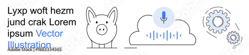 Agriculture, technology integration, automation, cloud services, voice recognition, mechanical processes. A pig, cloud with microphone and gear icons. Technology integration and automation concepts