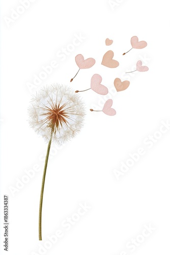 Delicate illustration of a dandelion with heart-shaped seeds floating away, symbolizing love and freedom, perfect for romantic themes and nature-inspired designs