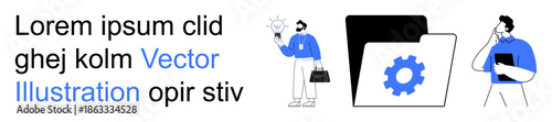 Workflow solutions, innovation, project planning, team collaboration, technology management, digital processes. Man holding a light bulb and another with folder gear. Innovation and workflow