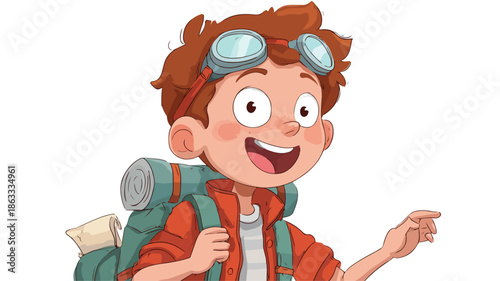Happy Adventure Boy Cartoon Vector with Outline Isolated - Professional Illustration