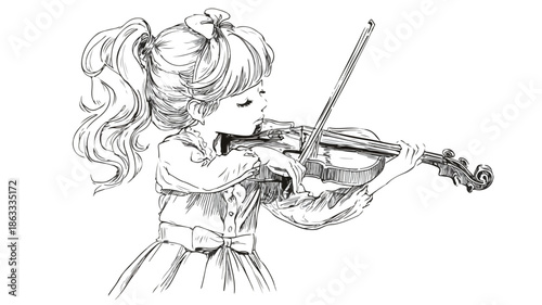 Young Girl Playing Violin with Outline Vector Illustration