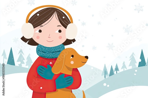 Heartwarming winter illustration of a girl with earmuffs and a dog, surrounded by snowflakes and a serene snowy landscape, evoking joy and warmth during the holiday season