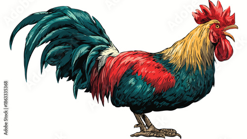Colorful Rooster Crowing Cartoon on White Background Vector - Outlined Illustration