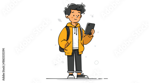 Young School Boy Holding Phone, Tablet on White Background - Vector Illustration