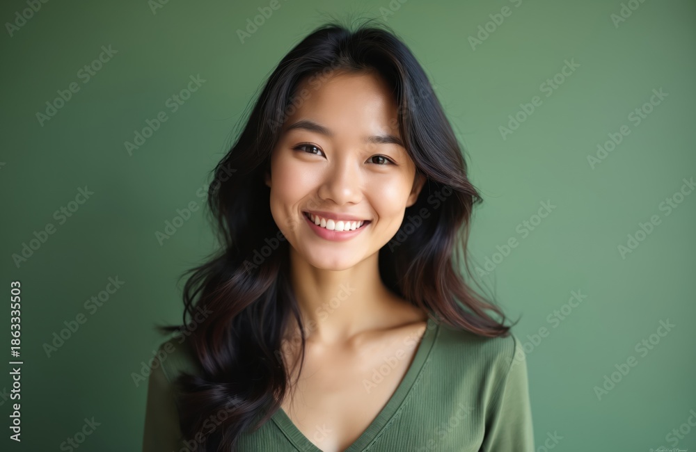 Fototapeta premium Young asian woman smiles warmly directly at camera, her dark wavy hair framing her face. She wears simple olive green top against matching green backdrop. Her expression is joyful and friendly.