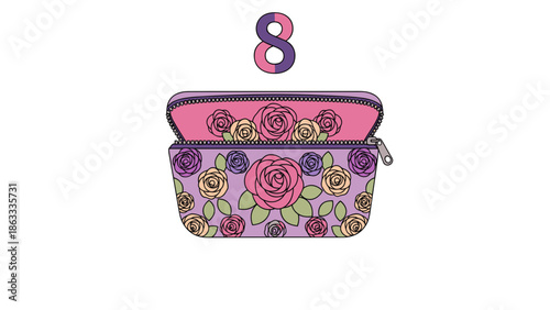 Women's Day Open Cosmetic Bag with Number 8 — Pastel Purple and Pink Vector with Copy Space Below