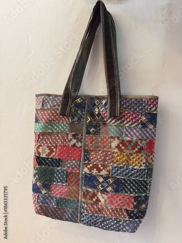Handmade Patchwork Fabric Tote Bag with Colorful Textiles