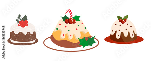 Christmas Cakes and Holiday Desserts Illustration Set Isolated on Transparent Background. 
Festive collection of Christmas cakes and holiday desserts. Ideal for seasonal branding, bakery design, menus