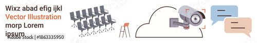 Cloud storage, cybersecurity, remote communication, surveillance, workspace planning, data management. Cloud outline, camera speech bubbles and office chairs. Cloud storage and cybersecurity