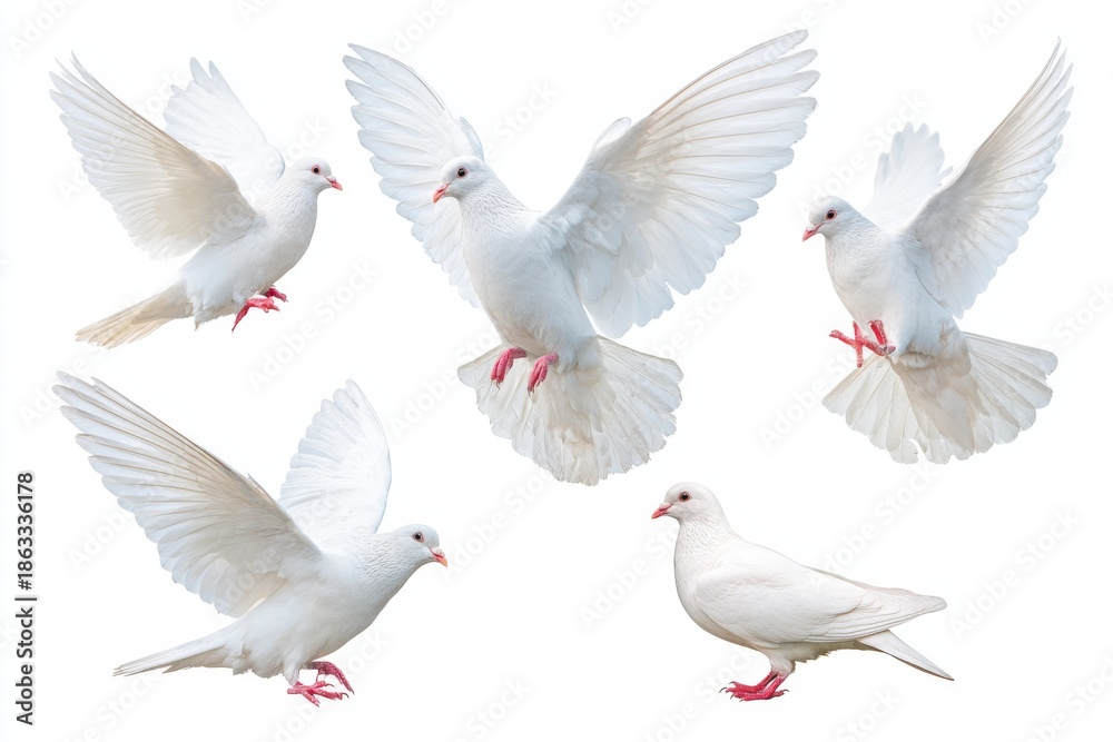 Obraz premium White dove in various natural poses, showcasing graceful flight and serene resting positions, perfect for symbolizing peace and tranquility in diverse creative projects