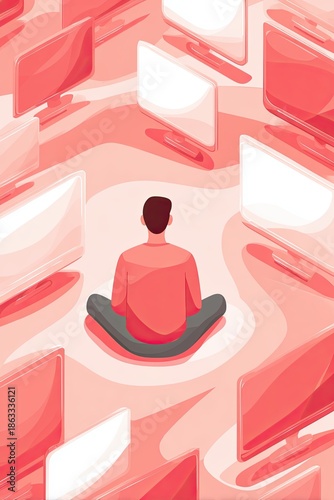 Teenager sitting cross-legged in a sea of blank screens, surrounded by a swirling red background, illustrating the concept of social isolation and digital disconnection