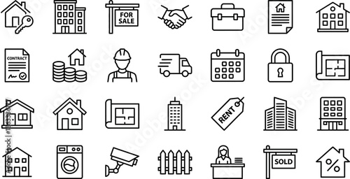 Real Estate and Property Line Icons Set, Rent and Sale Symbols