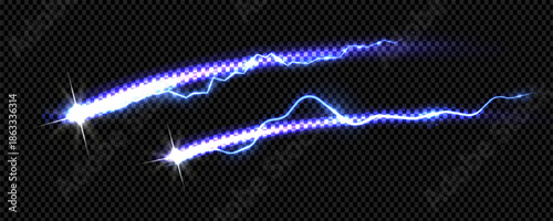 electric lightning bolt, blue energy discharge. glowing plasma arc set. realistic electric spark effects isolated on transparent. pro vector pack