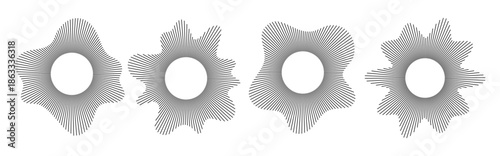 Radial sound wave vector set. Circular audio music icons, round voice symbols, flat equalizer logos, ring spectrum patterns for UI design, branding, web, isolated on white background