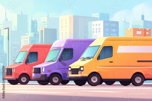 Colorful delivery trucks and vans parked on city street, showcasing vibrant designs and urban backdrop, representing logistics and parcel distribution in modern transportation