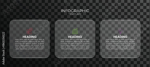 Modern three-step infographic template with rounded transparent cards, colorful icons, and clean minimalist design for business workflow and presentations.