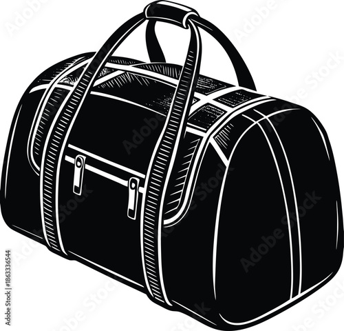 Black duffel bag with white outlines and handle luggage