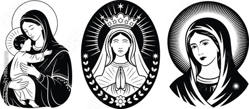 Religious art three Virgin Mary illustrations in different poses isolated