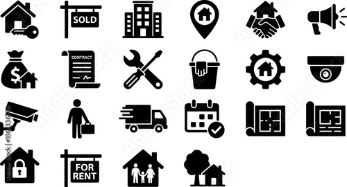 Real Estate and Property Line Icons Set, Rent and Sale Symbols