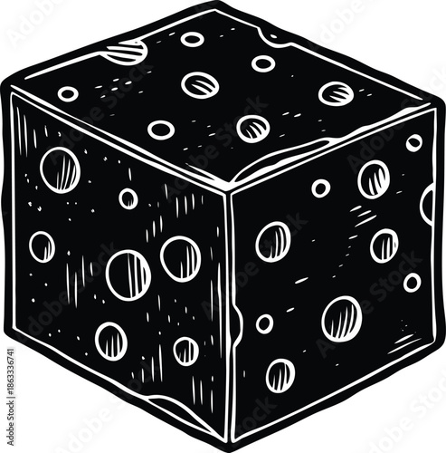 Black cube with white spots and lines
