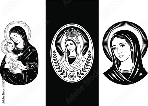 Religious illustration of virgin mary with baby and halos isolated