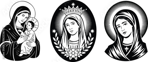 Three religious illustrations of sacred female figures isolated