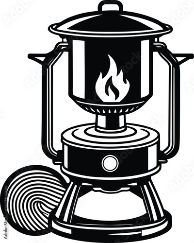 Black and white of a camping lantern with a flame outdoor