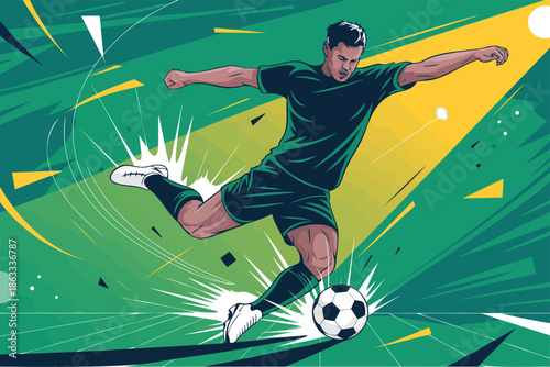 Dynamic soccer player kicking a ball with power and energy