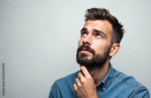 Man with beard touches chin thoughtfully looking up with serious expression. He plans new project, seeks solution or idea. Future thoughts and contemplation.