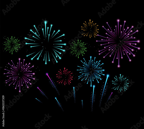 Explosive Celebration: A vibrant collection of colorful fireworks bursts against the night sky, illuminating the darkness with radiant displays of light and creating a spectacle of pure jubilation.