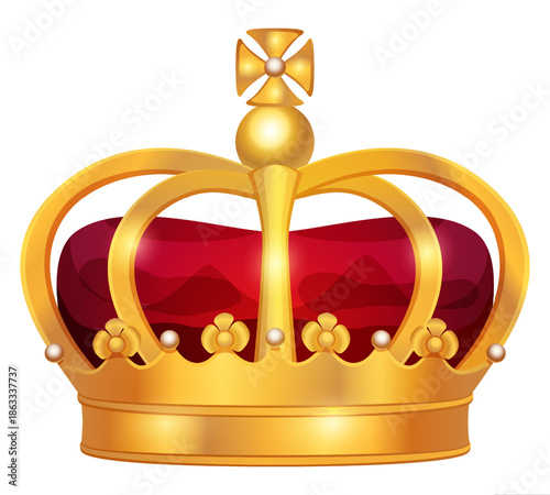 Golden Regal Crown: A resplendent royal crown, gleaming with opulent gold, sits majestically, symbolizing power and prestige with its precious jewels and intricate design.