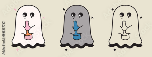 Cute cartoon unhappy ghost holding bottle drinking beverage sad character design for spooky halloween party