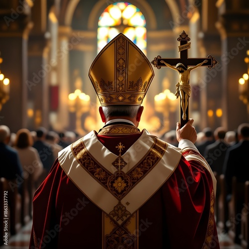 catholic pope holding up a processional crucifix