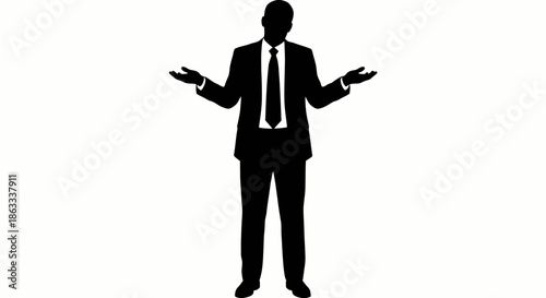 Black silhouette of a businessman shrugging with open hands on white background