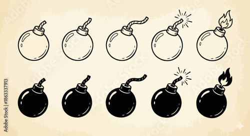 Bomb icon set showing fuse stages from unlit to burning in outline and solid styles