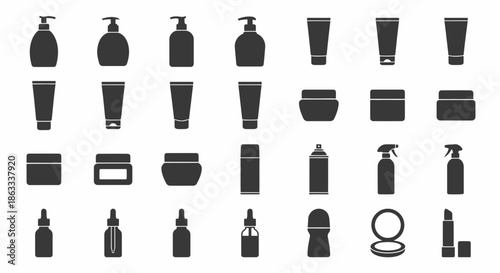 Cosmetic and skincare containers silhouette icon set with bottles, tubes, jars, and spray
