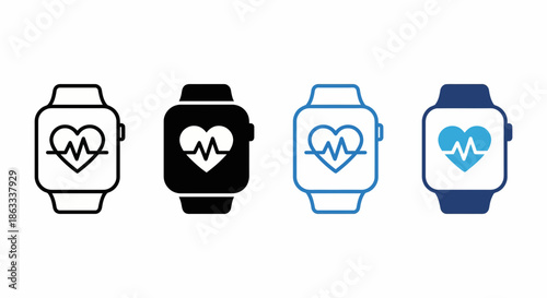 Smartwatch heart rate monitor icon set in outline and solid styles