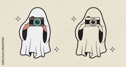 Two friendly ghosts holding cameras with big eyes and sparkles on beige background