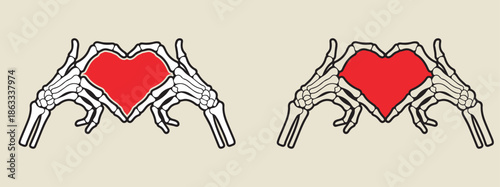 Spooky skeleton hands forming romantic heart shape symbolizing eternal love and vintage halloween design element