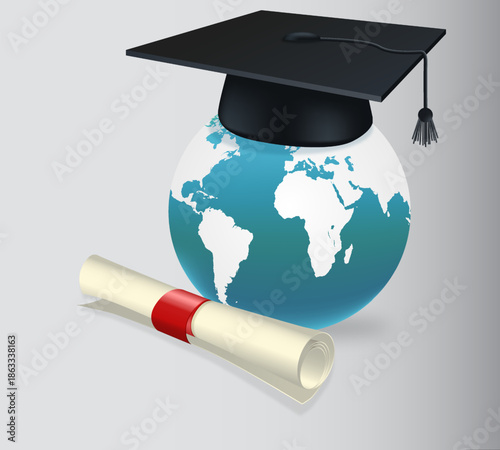 Global Academic Attainment: An academic cap crowns a globe, accompanied by a diploma, representing education and academic achievement. This image captures the essence of global learning.