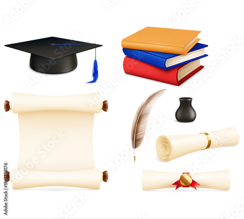 Academic Icons: A curated arrangement of essential academic elements, including a graduation cap, stack of books, and vintage parchment scrolls, conveys scholarly pursuit and higher learning. 
