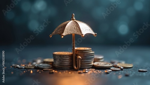 Golden umbrella shields stacked coins and loose currency on dark surface. Represents financial safety stability wealth investment growth asset protection. Conceptual finance idea.