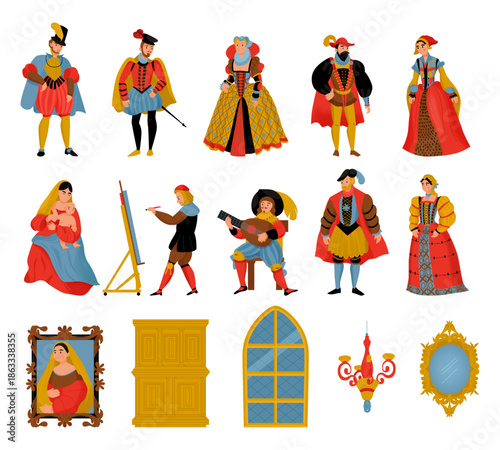 Renaissance Era Set: A vibrant collection of illustrations capturing the essence of the Renaissance, depicting figures in period attire, artistic endeavors, and architectural elements