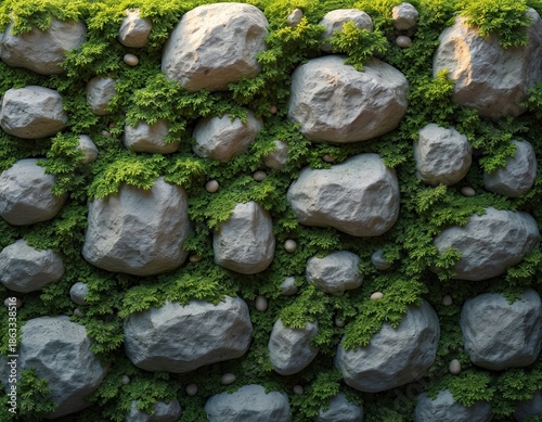 Gray stone wall covered in bright green moss and tiny pebbles. Natural textured background pattern, perfect for garden design or eco themes.