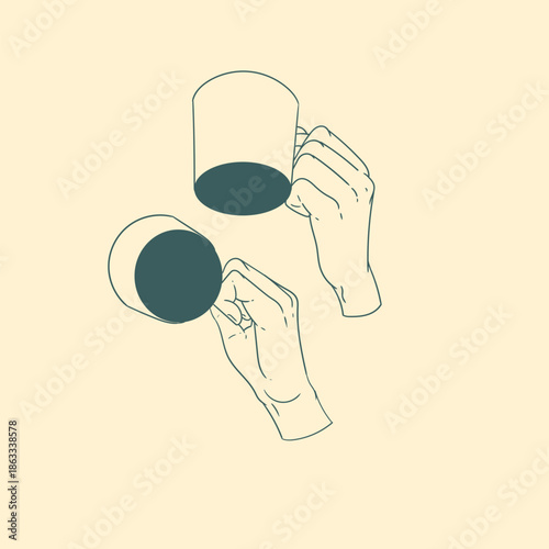 Original illustration set of a hand with a cup of tea or coffee, a vintage ink line drawing for cards, menus, cafes, baristas, tea houses or graphic design.