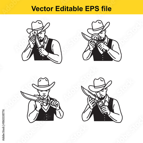 Cowboy holding knife in four poses