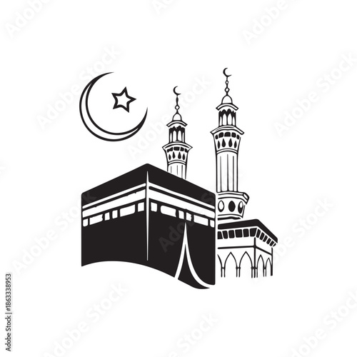 Islamic Hajj and Umrah pilgrimage background with Kaaba and mosque towers.